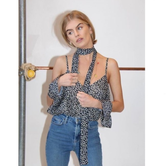 Never Fully Dressed Tops - Black Floral Cold Shoulder Terrie Top With Tie